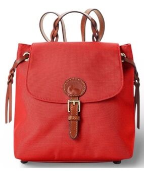 Dooney & Bourke Handbag Nylon Flap Backpack - Red Tan Leather Braided Straps EUC
